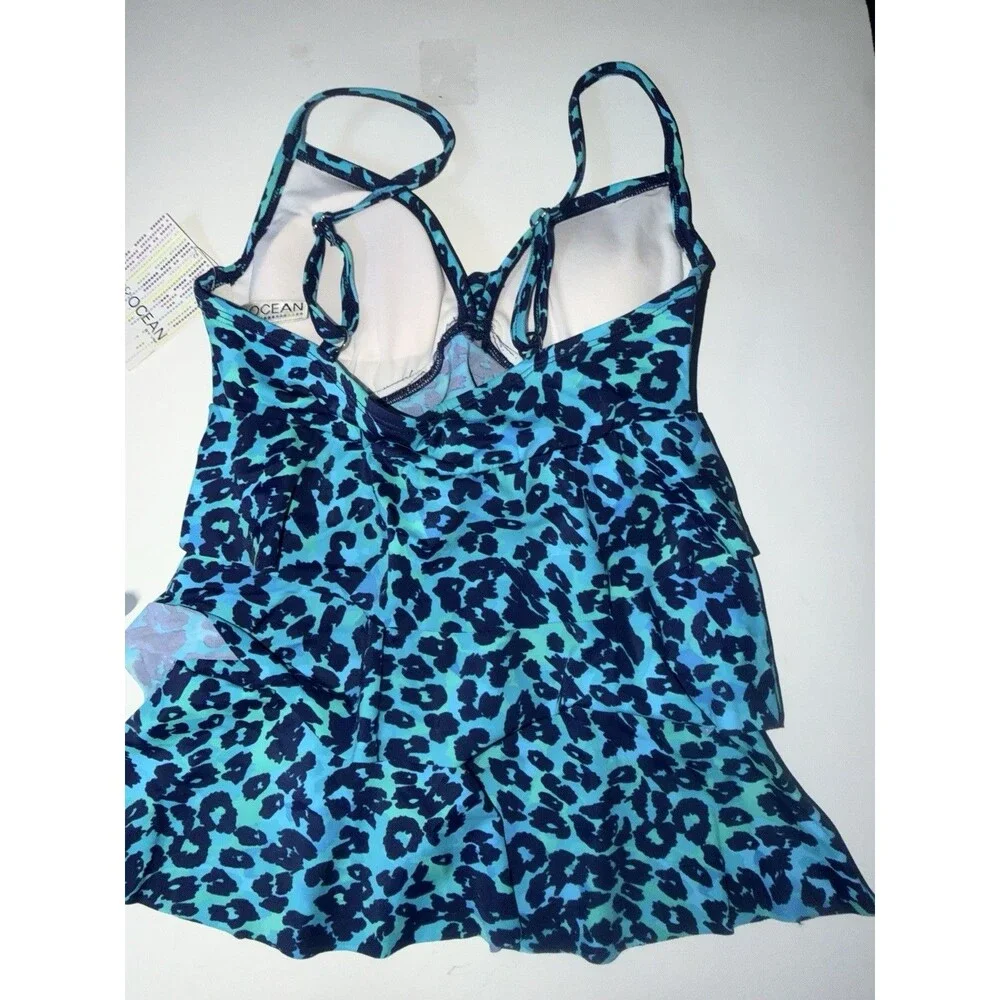 24th & Ocean Tankini Top Womens Sz S Blue Animal Print Layered Ruffle New